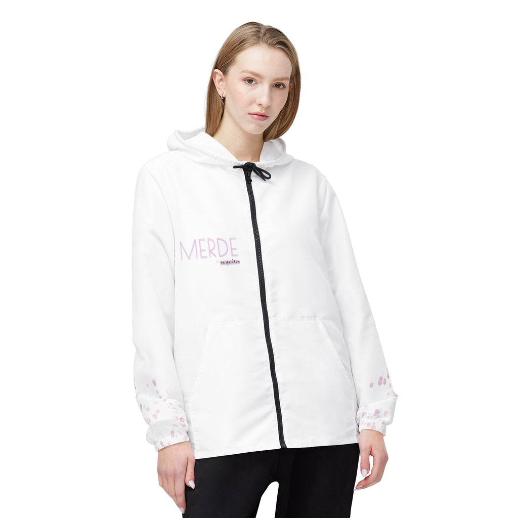 Ballet Dancer Windbreaker Jacket — Pink Watercolor Silhouette with “MERDE” Text