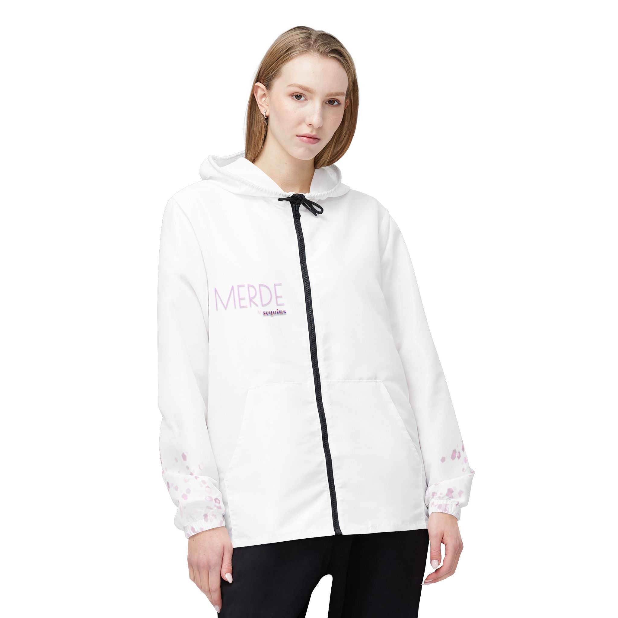 Ballet Dancer Windbreaker Jacket — Pink Watercolor Silhouette with “MERDE” Text